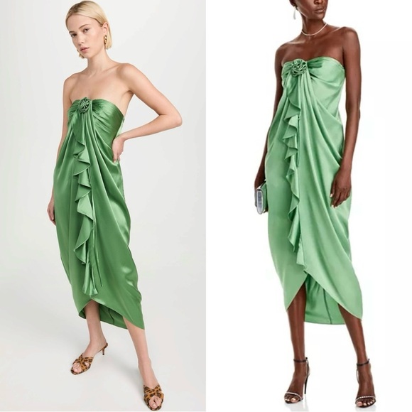 NWT CINQ A SEPT Pistachio Silk Satin Rosette Halter Neck Ruffle Cocoon Dress 10 - Picture 4 of 15